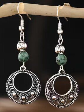 Bohemian Dangle Earrings Silver-Toned Filigree Circular Pendants Green Howlite